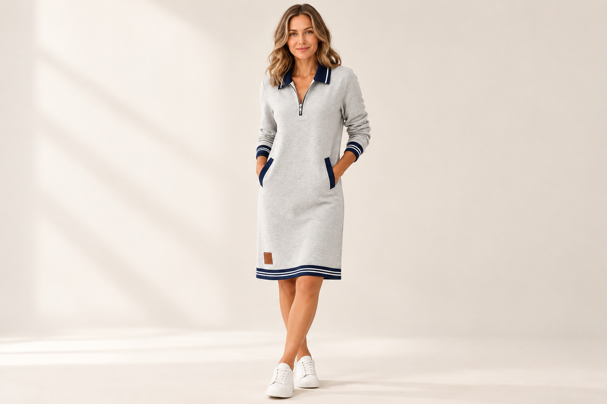 Vestido midi gris deportivo con detalles azul marino — fotografía de catálogo