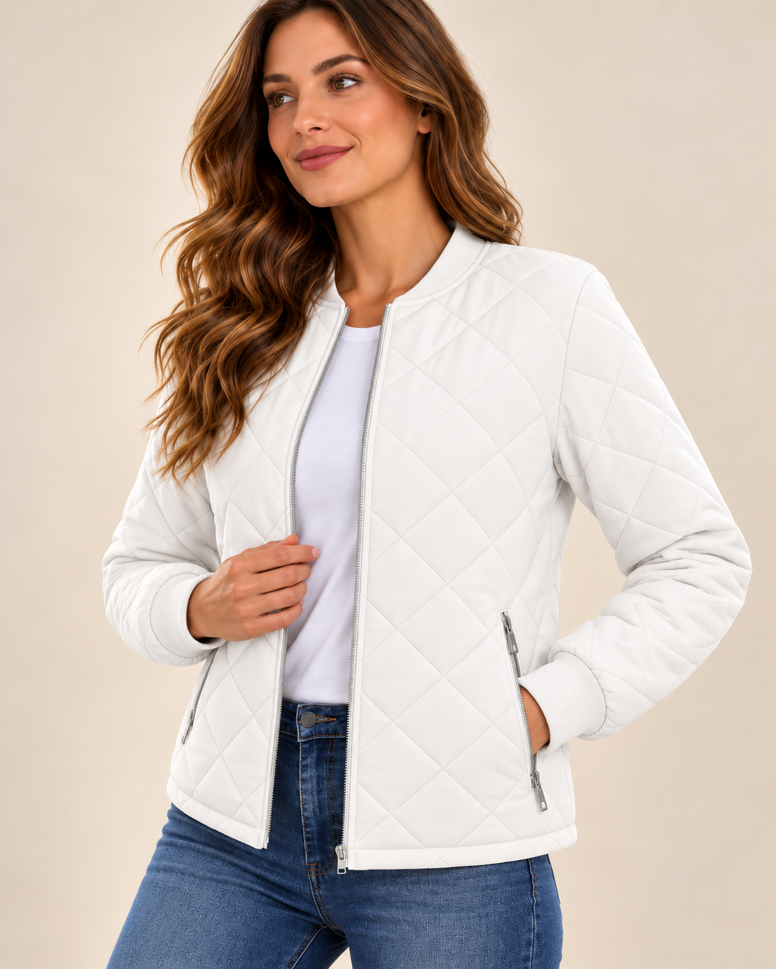 Chaqueta acolchada blanca para mujer, vista de estudio
