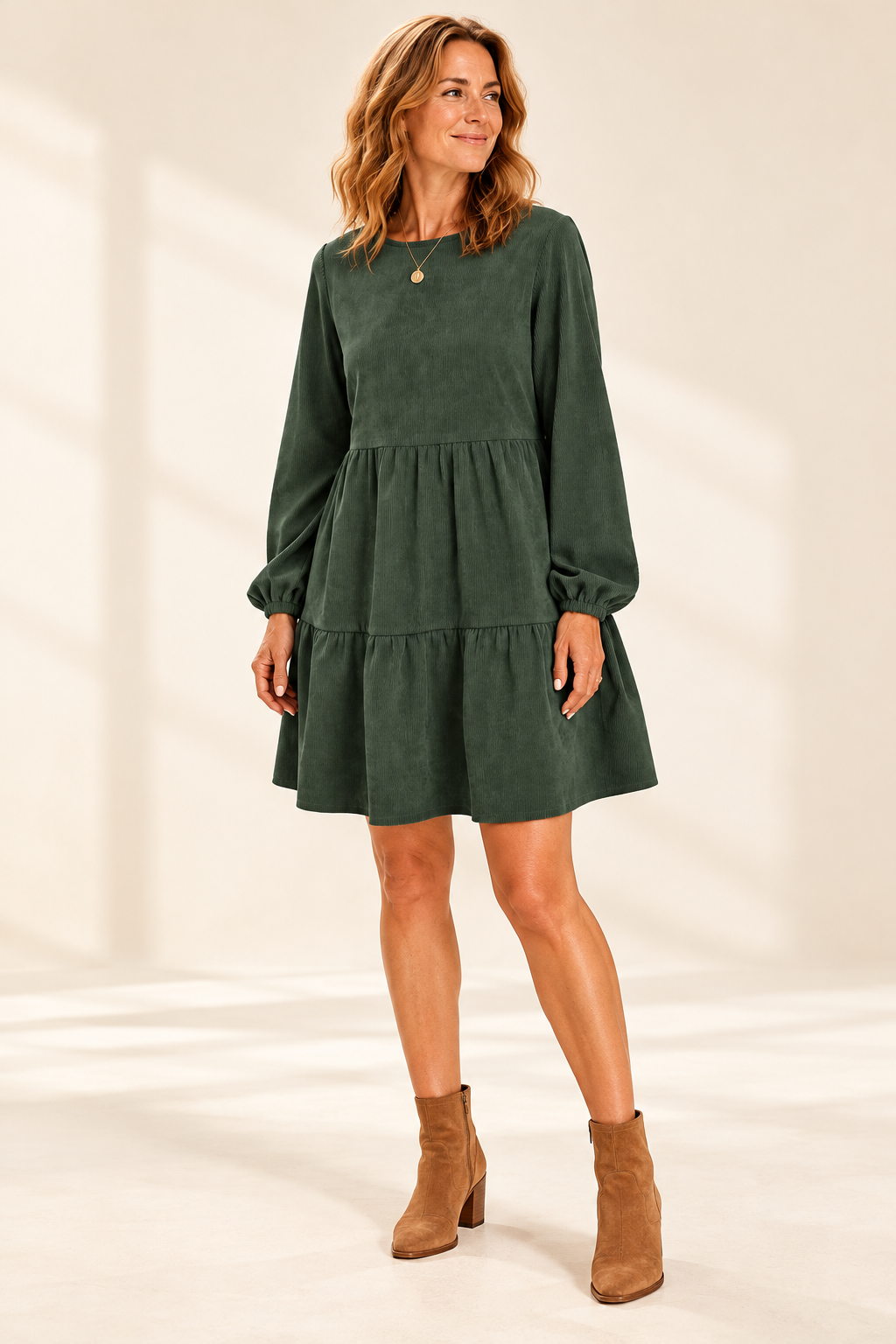 Vestido verde de pana — fotografía de catálogo