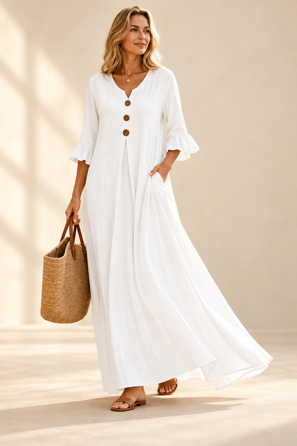 Vestido blanco largo con escote en V y mangas con volantes — fotografía de catálogo