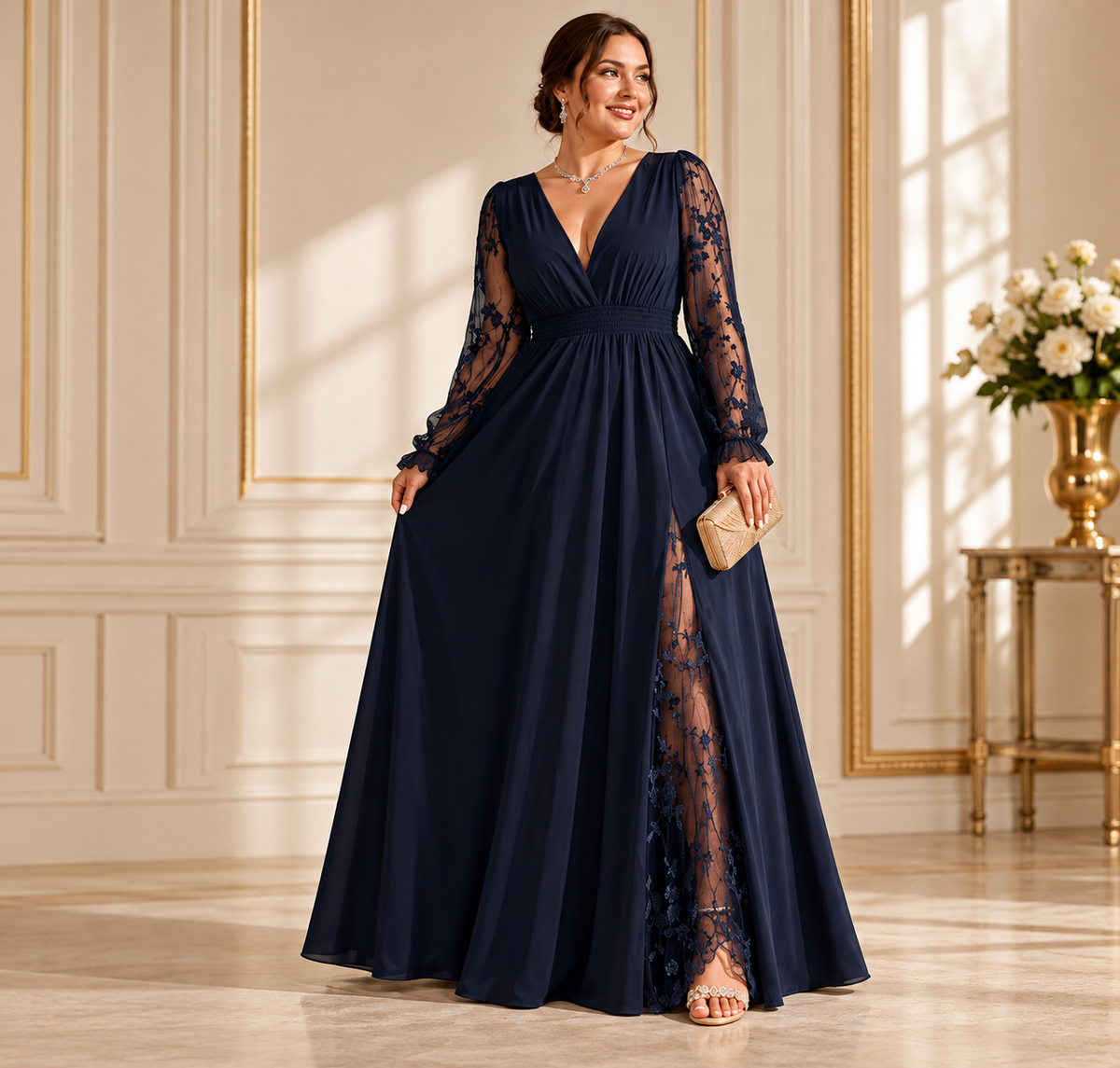 Vestido largo azul marino con encaje — fotografía de catálogo