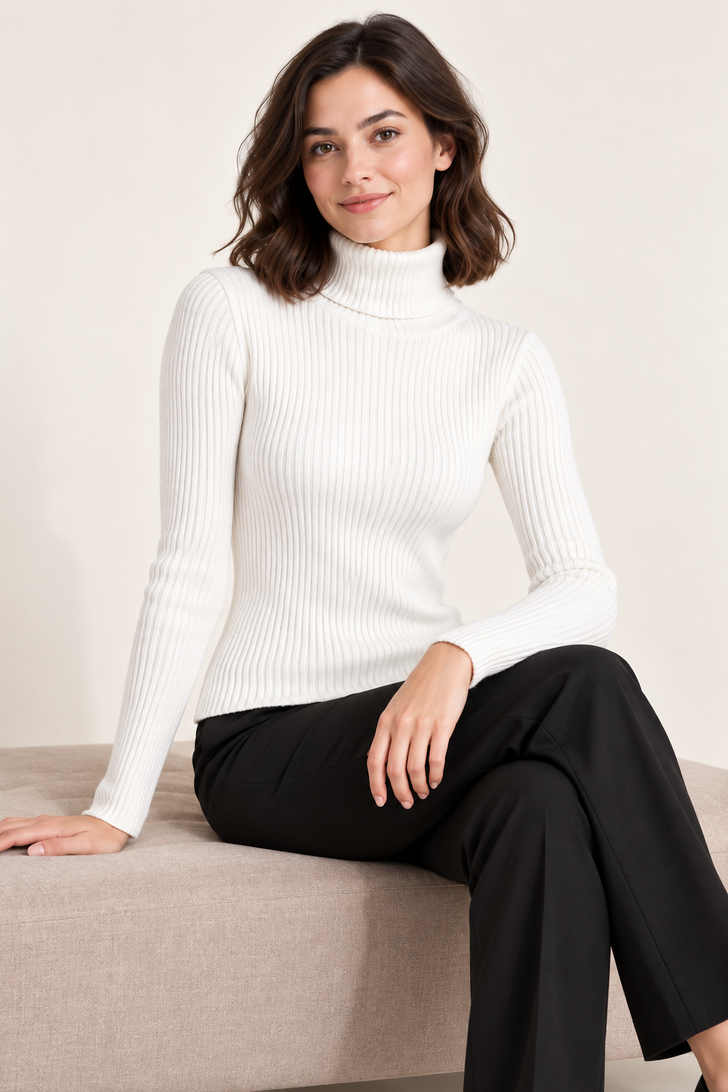 Modelo sentada con jersey blanco de canalé y cuello alto