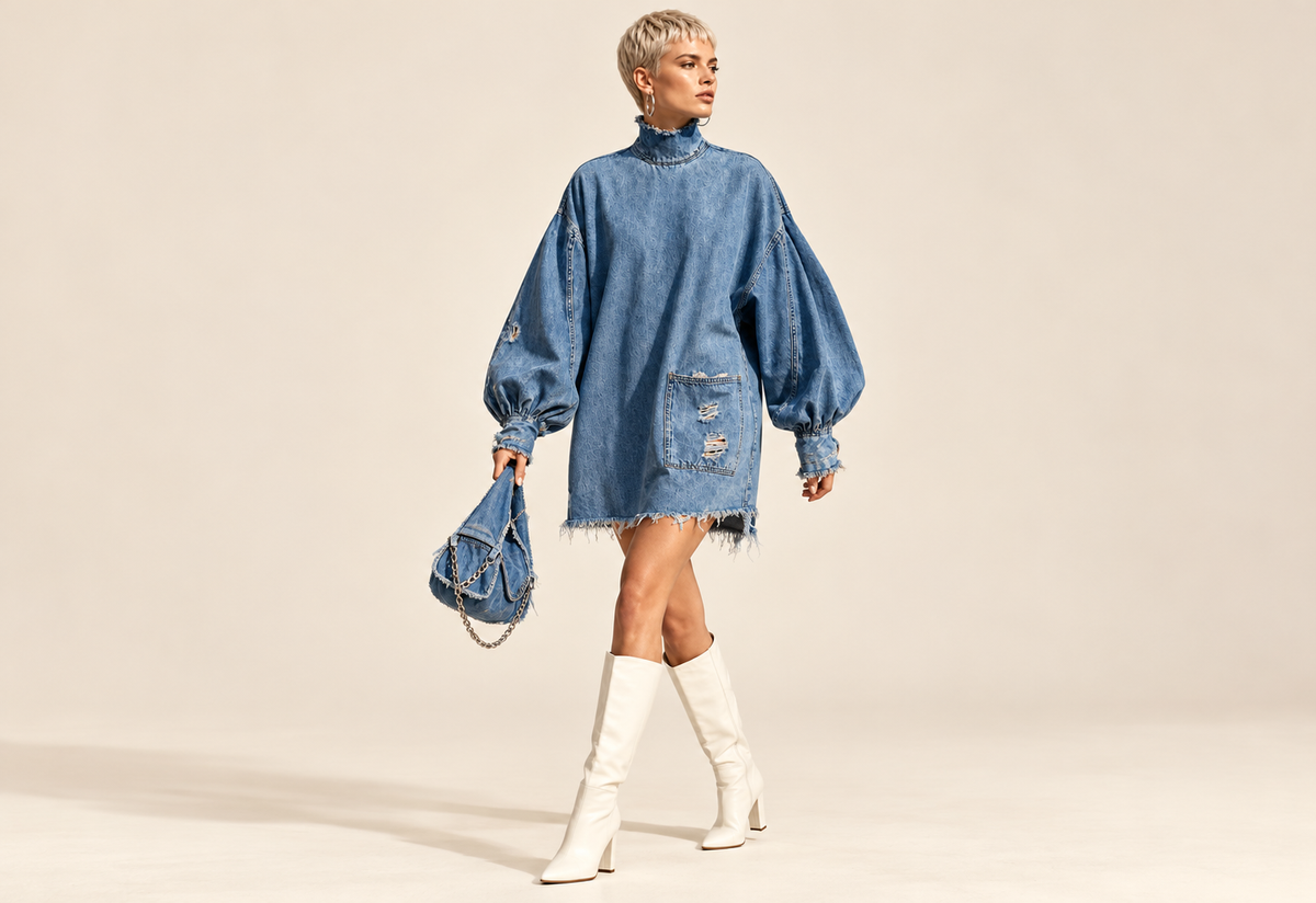 Vestido vaquero azul corto de mangas abullonadas — fotografía de catálogo