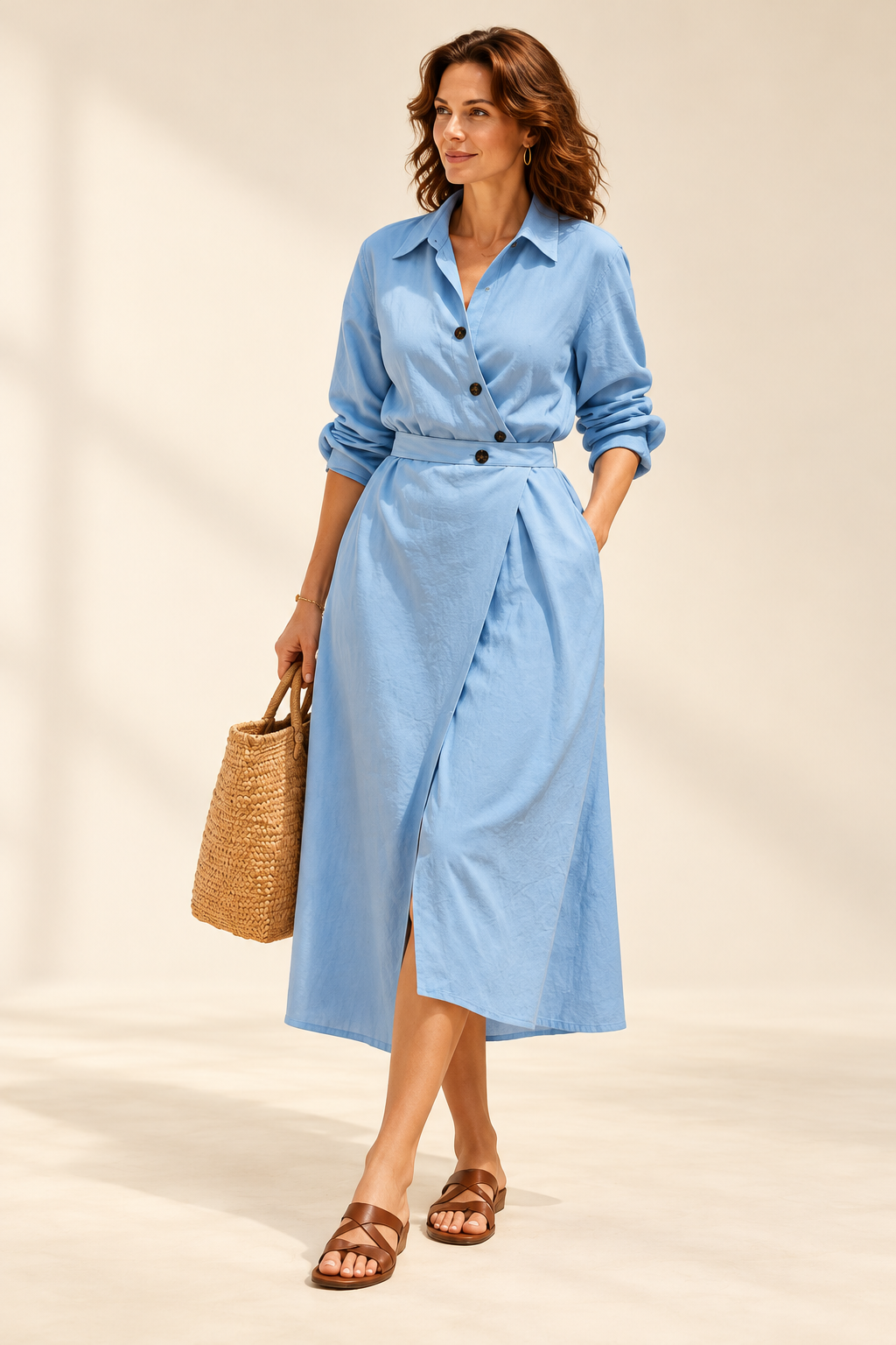 Vestido camisero midi azul claro cruzado — fotografía de catálogo