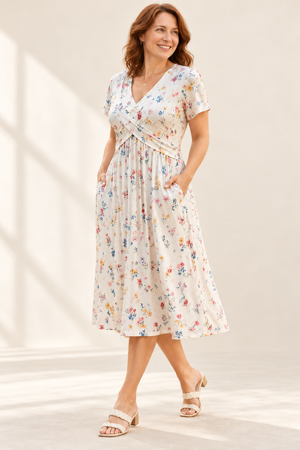 Vestido midi floral marfil con cintura cruzada — fotografía de catálogo