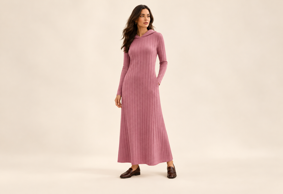 Vestido largo de punto con capucha y bolsillos — foto de catálogo