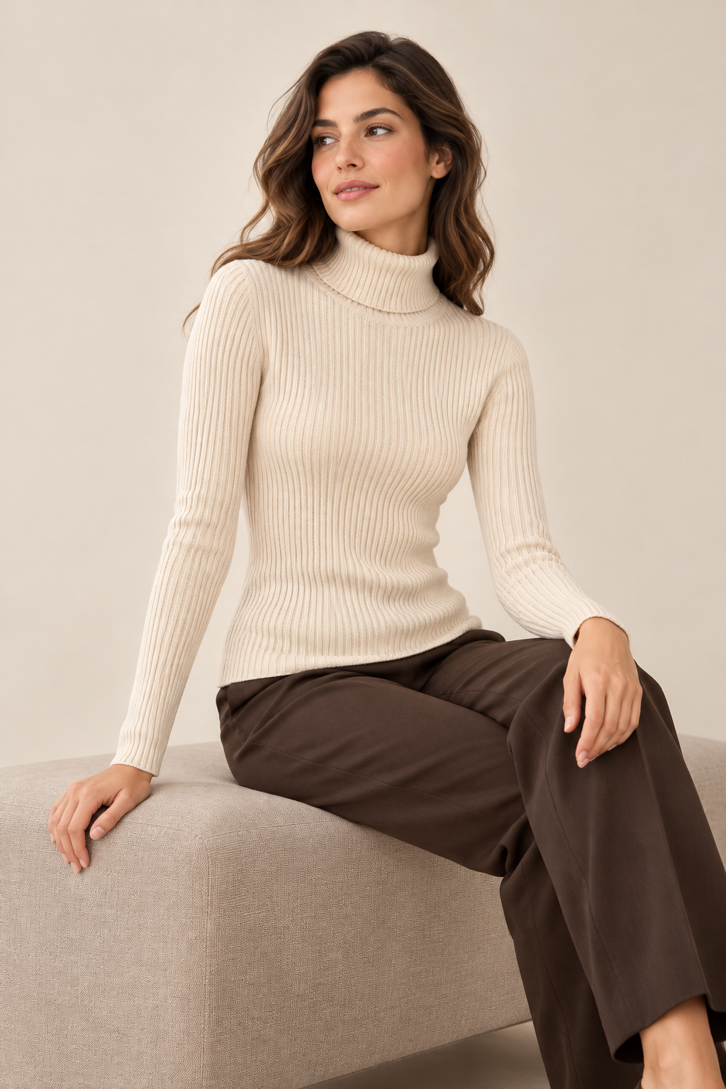 Modelo sentada con jersey beige de canalé y cuello alto, foto de catálogo