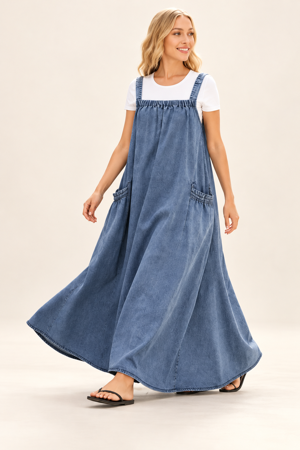 Vestido vaquero largo de tirantes — fotografía de catálogo