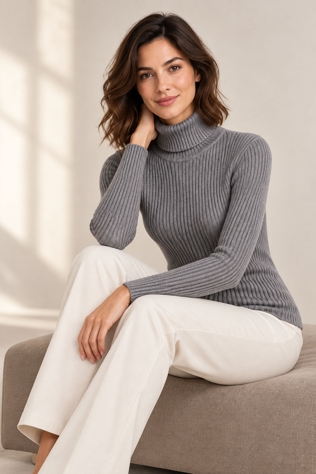 Modelo sentada con jersey gris de canalé y cuello alto