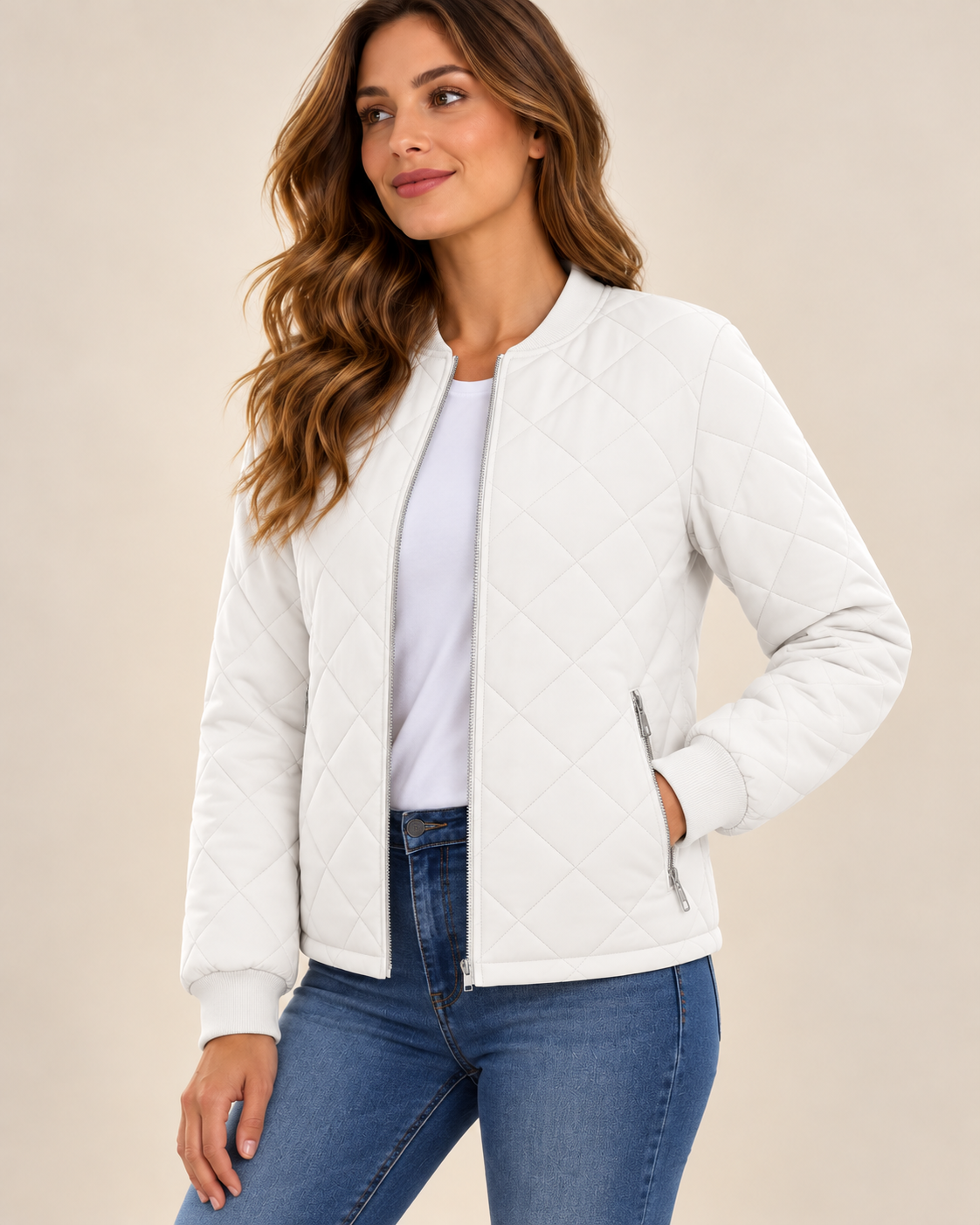 Chaqueta acolchada blanca para mujer, nueva vista de tres cuartos